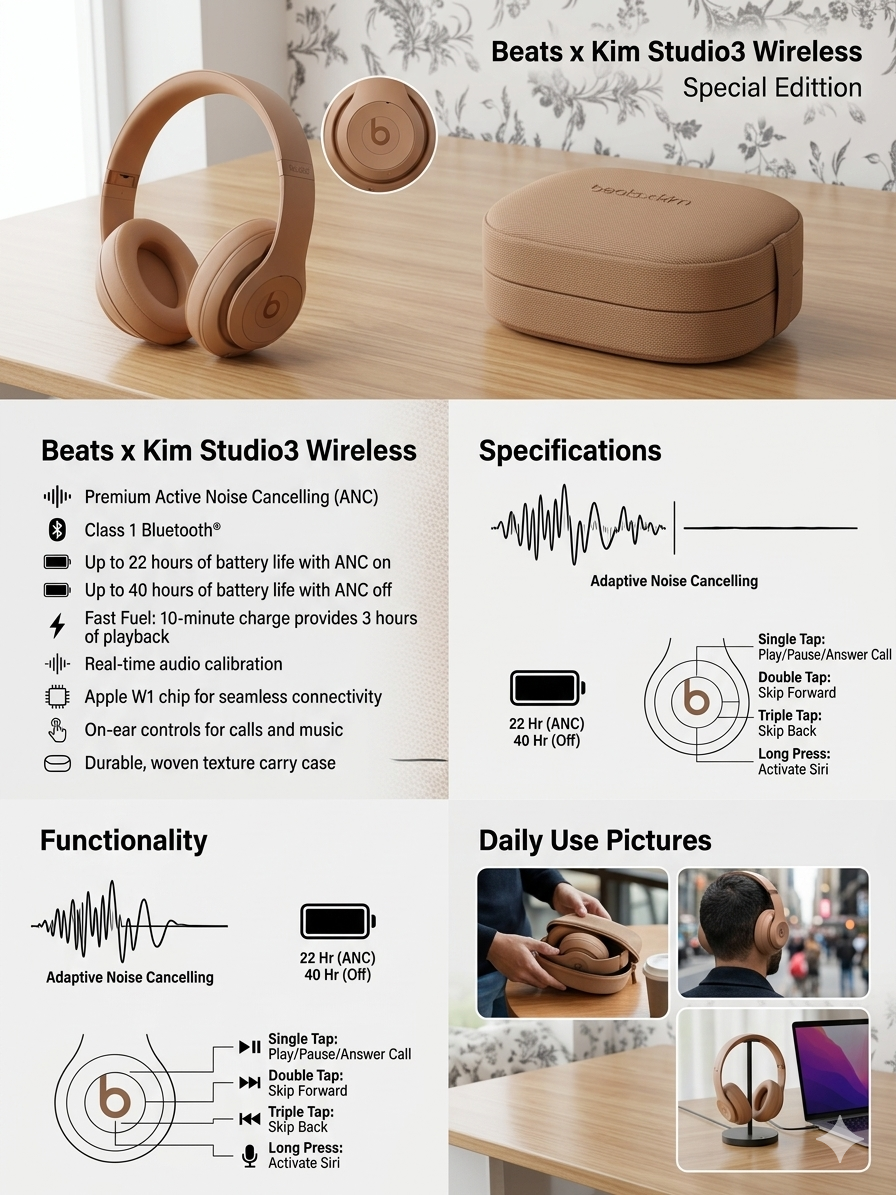 Beats x Kim Kardashian Special Edition Studio3 Wireless – "Dune" pre owned
