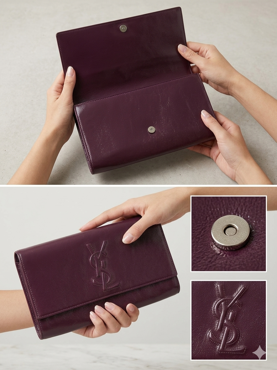 Yves Saint Laurent (YSL) Belle de Jour Clutch – Deep Plum/Burgundy pre owned