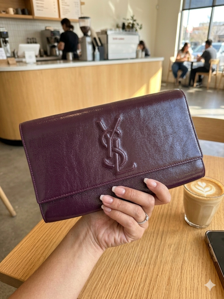 Yves Saint Laurent (YSL) Belle de Jour Clutch – Deep Plum/Burgundy pre owned