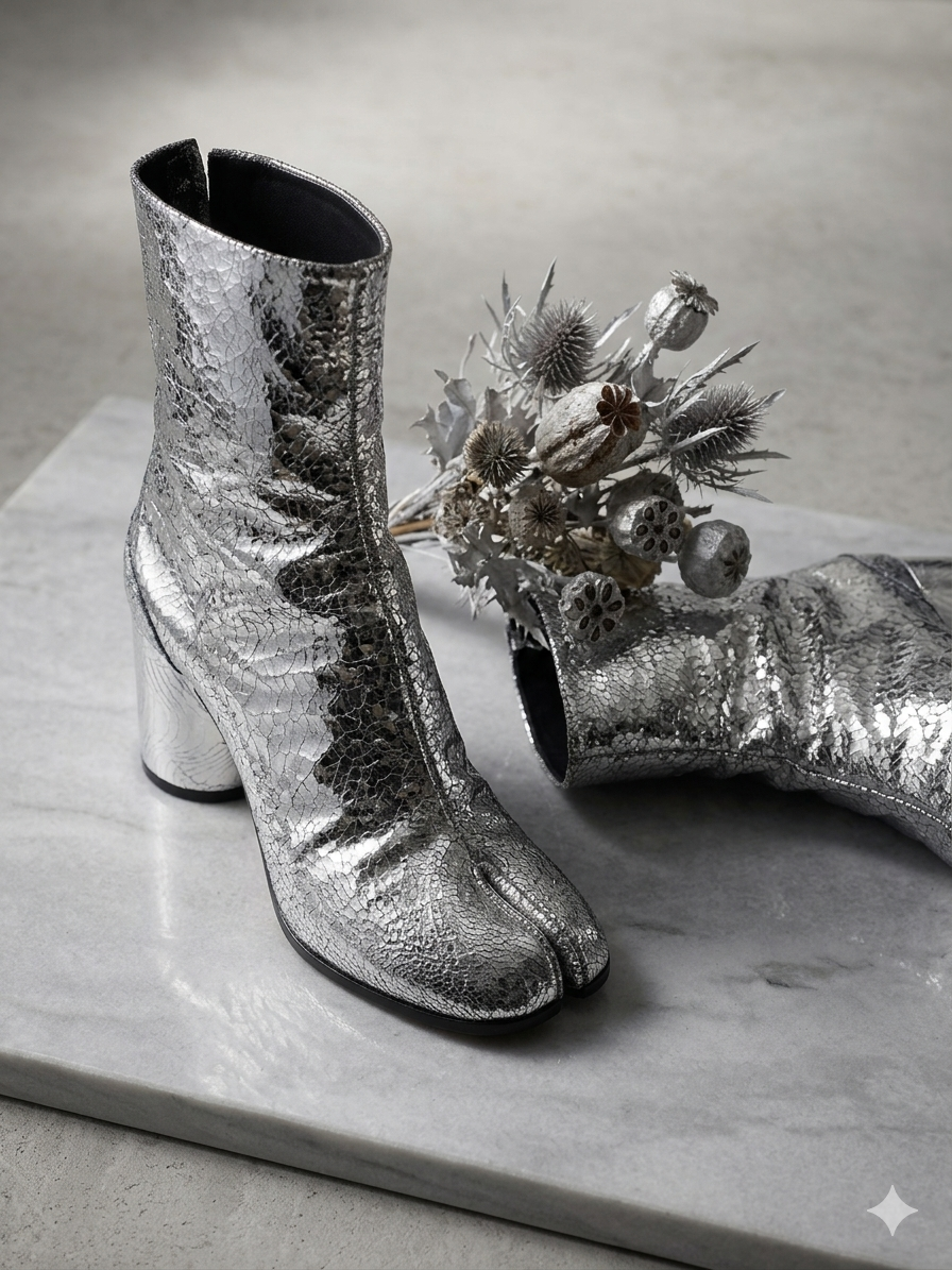 Maison Margiela Silver Cracked Leather Tabi Ankle Boots 36 pre owned
