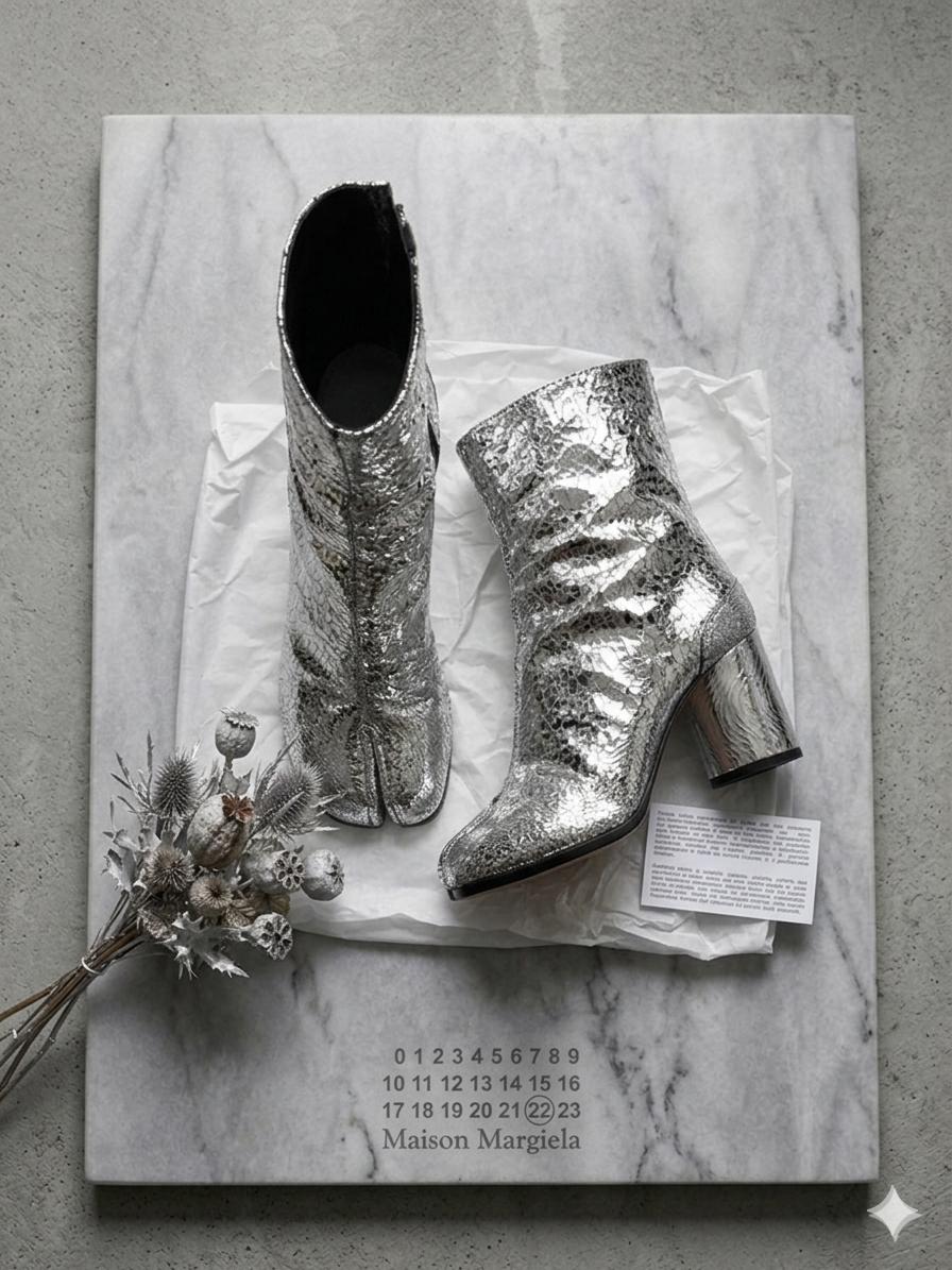 Maison Margiela Silver Cracked Leather Tabi Ankle Boots 36 pre owned