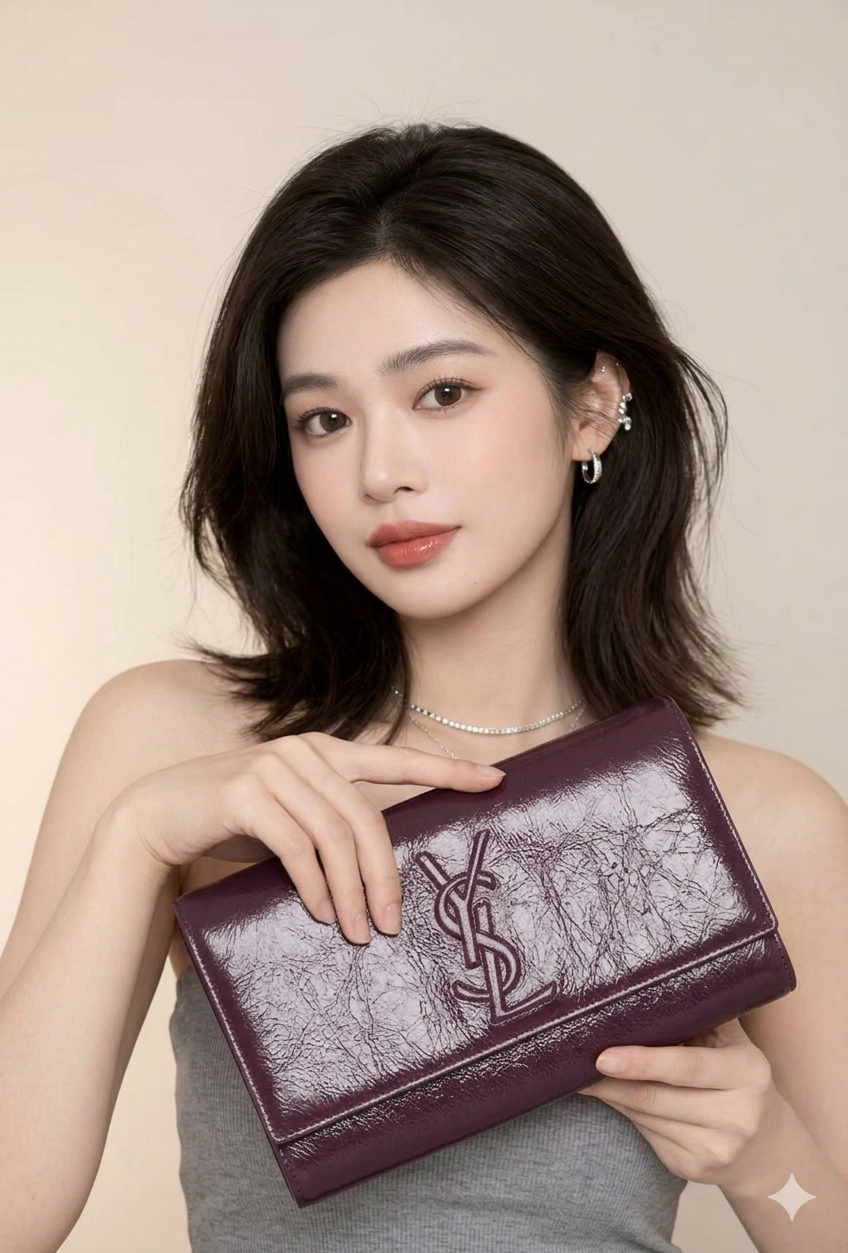 Yves Saint Laurent (YSL) Belle de Jour Clutch – Deep Plum/Burgundy pre owned