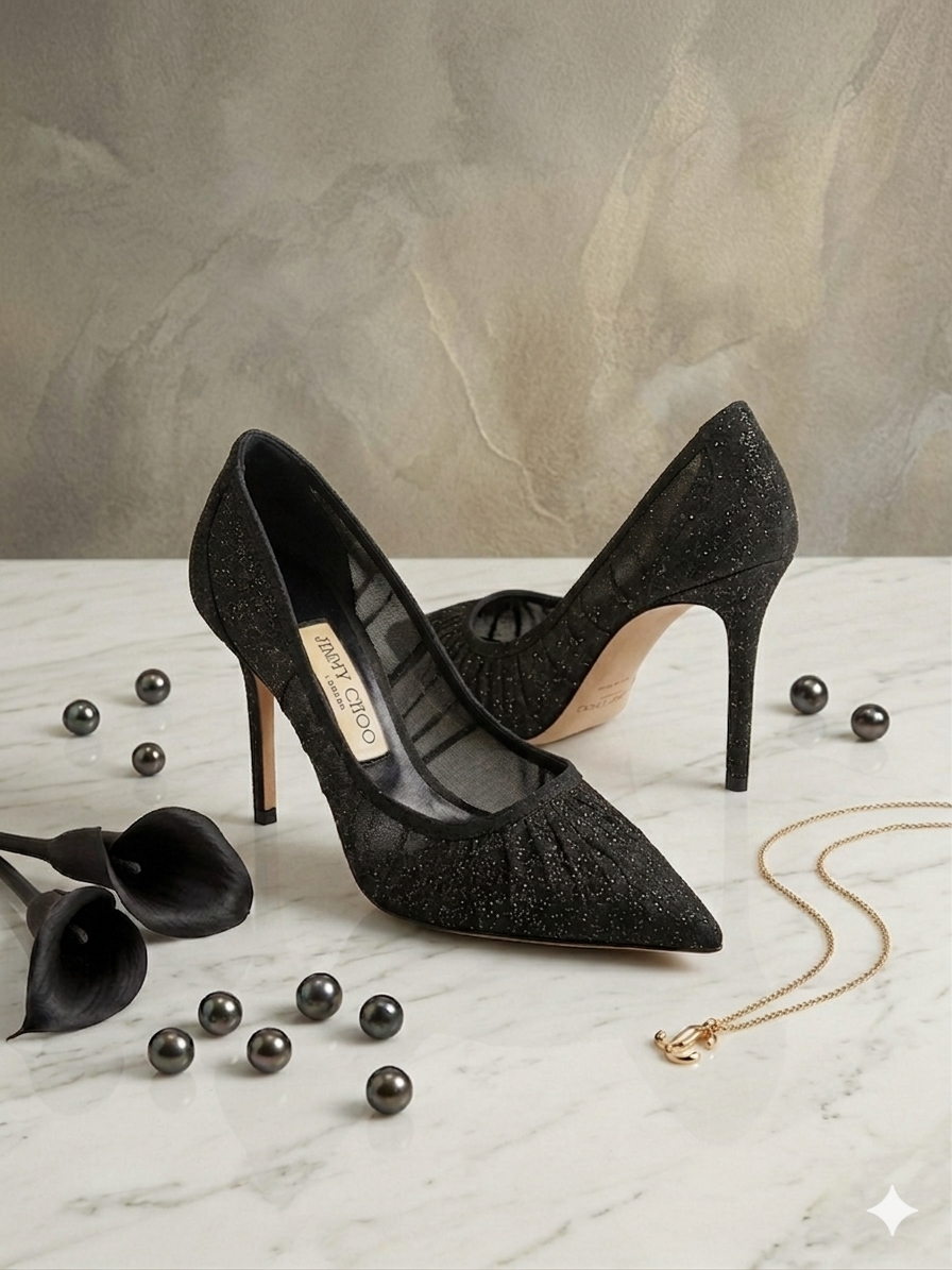 Jimmy Choo "Romy" Black Glitter & Mesh Pumps pre owned