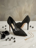 Jimmy Choo "Romy" Black Glitter & Mesh Pumps pre owned