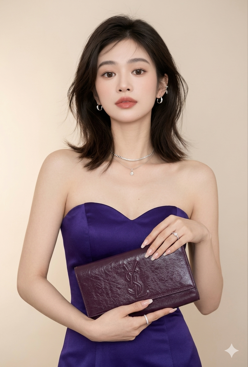 Yves Saint Laurent (YSL) Belle de Jour Clutch – Deep Plum/Burgundy pre owned