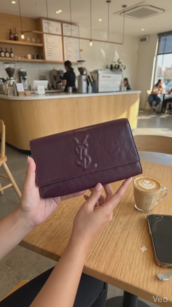 Yves Saint Laurent (YSL) Belle de Jour Clutch – Deep Plum/Burgundy pre owned