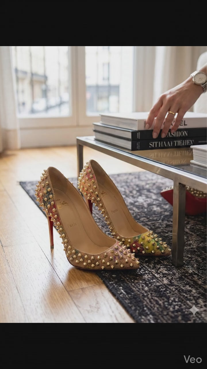 AUTHENTIC Christian Louboutin Follies Spikes - Rare Floral Print - Size 37.5 pre owned